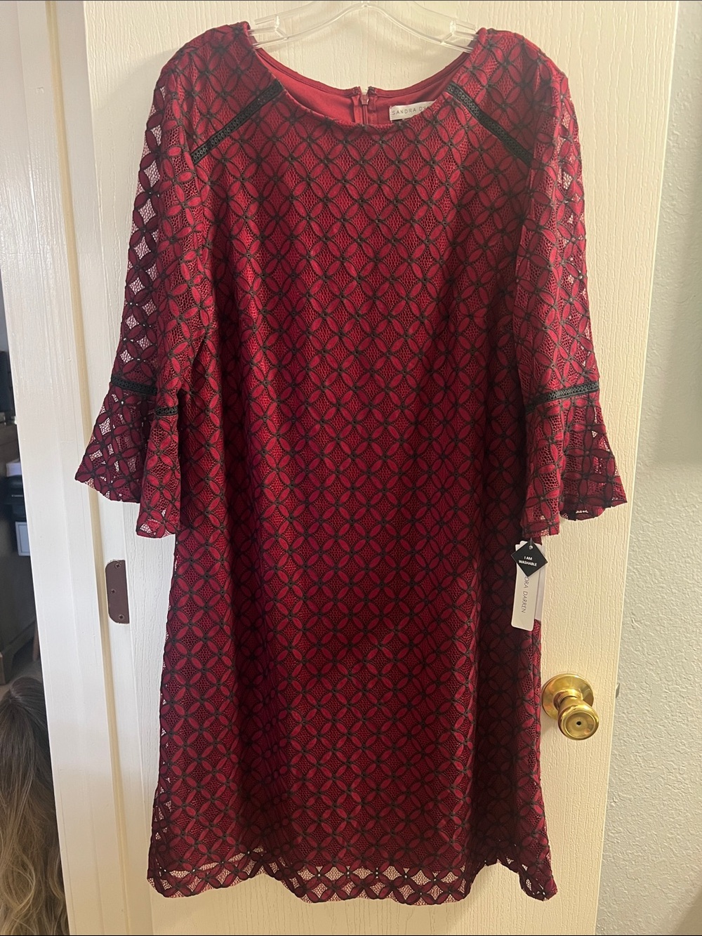 Sandra Darren Burgundy Lace Midi Dress with Bell Sleeves
